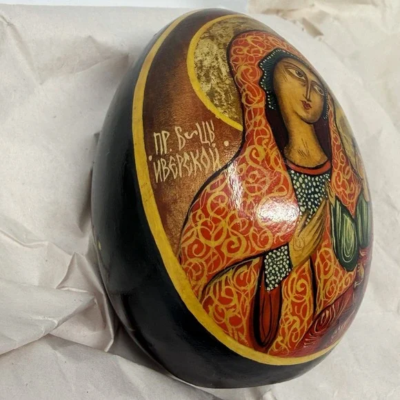 Russian Orthodox Icon Wooden Eggs Hand Painted Virgin Mary St George Signed 1991 - Picture 8 of 15